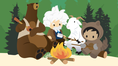 Salesforce mascots: Codey the bear, Einstein, Cloudy the goat, Astro the trail guide. 