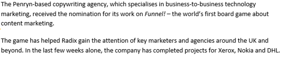 Sample paragraph copy from a B2B press release
