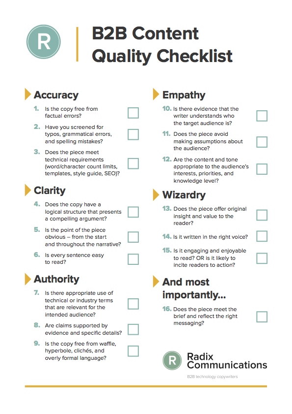 Steal this 16-point quality checklist when editing your B2B content. Click this image to download a printable PDF.