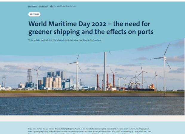 A screenshot of the Royal HaskoningDHV blog post "World Maritime Day 2022 – the need for greener shipping and the effects on ports". The graphic shows a container ship in port, surrounded by wind turbines.