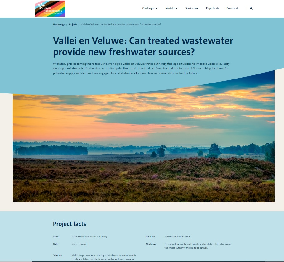 Screen shot of client RHDHV case study on Vallei en Veluwe: Can treated wastewater provide new freshwater sources?