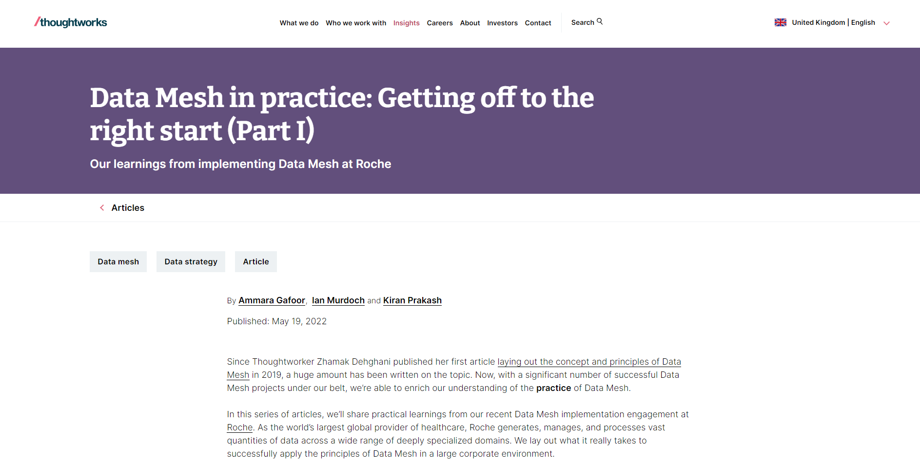 Screen shot: the first of Thoughtworks four "Data Mesh in pracrice" articles: "Getting off to the right start"