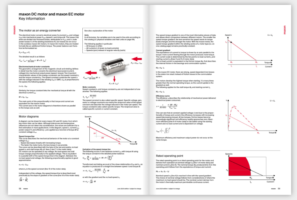 A spread from maxon's product catalogue, showing specification graphs and equations