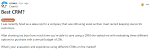 A screen shot of thread on Reddit discussing the best CRM